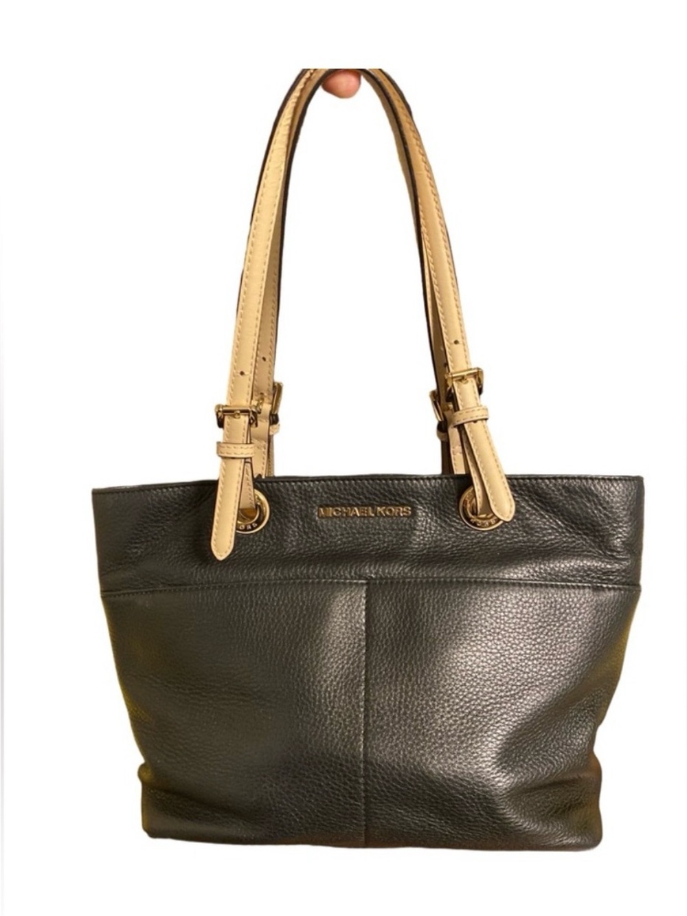 Michael Kors Bedford Tote Bag Black Pebbled Leather Tan Handles Medium